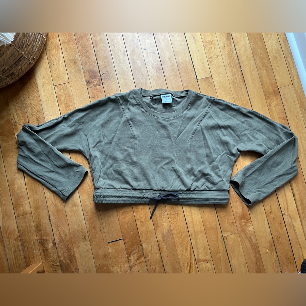 Gym Shark long sleeve cropped crew neck with draw string waist/elbow cutouts